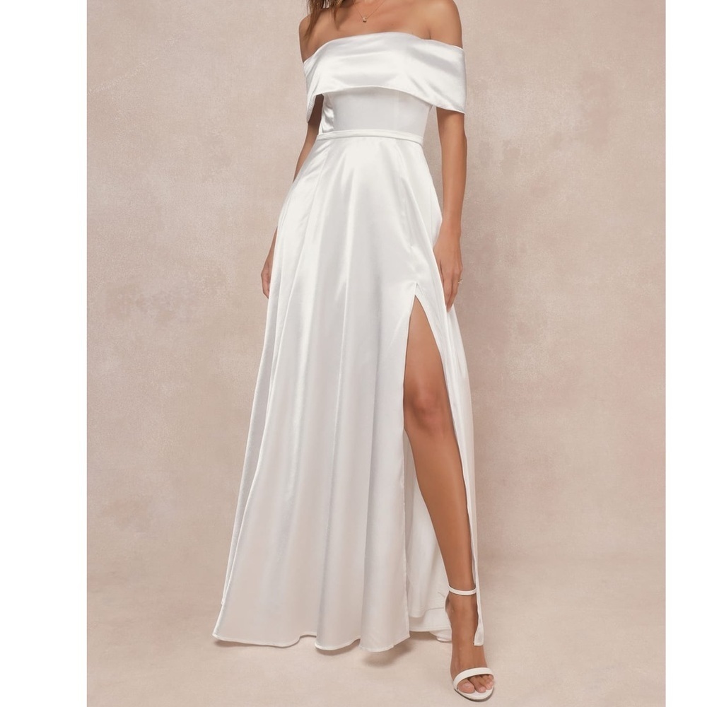 Lulus Greatest Hits White Satin Off-the-Shoulder Maxi Dress M